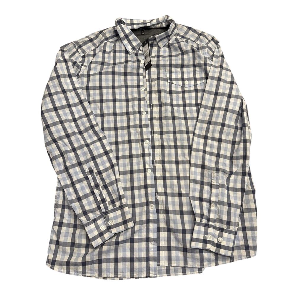 NWT Kenneth Cole Non Iron, Stretch, Plaid, White Blue, Gray - Large